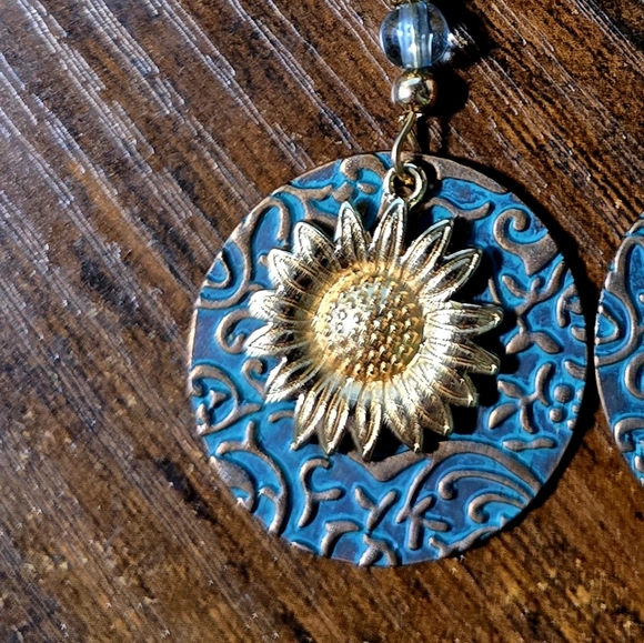 Gold and Blue Sunflower Earrings - Picture 1 of 4